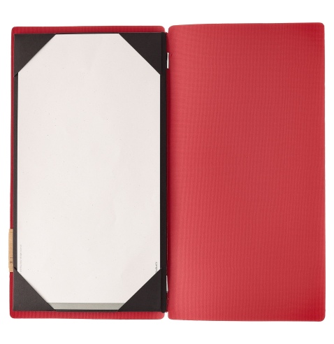Porta Menu A4 SLIM (17,4x31,8 cm) etichetta PATCH "menu" cornicetta (4 facciate) elastico rosso JUTA BICOLOR