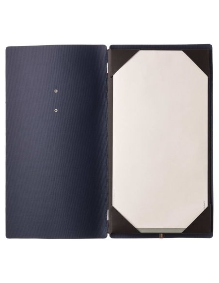 Porta Menu A4 SLIM (17,4x31,8 cm) etichetta METAL "menu" cornicetta (4 facciate) elastico rosso JUTA BLU