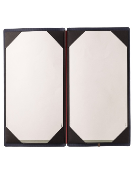 Porta Menu A4 SLIM (17,4x31,8 cm) etichetta METAL "menu" cornicetta (4 facciate) elastico rosso JUTA BLU