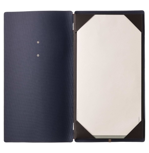 Porta Menu A4 SLIM (17,4x31,8 cm) etichetta METAL "personalizzata" (minimo 18 pezzi) cornicetta (4 facciate) elastico rosso JUTA
