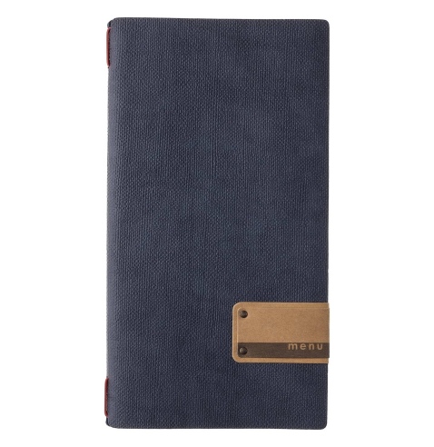 Porta Menu A4 SLIM (17,4x31,8 cm) etichetta PATCH "menu" cornicetta (4 facciate) elastico rosso JUTA BLU