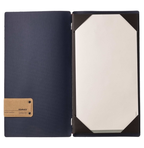 Porta Menu A4 SLIM (17,4x31,8 cm) etichetta PATCH "menu" cornicetta (4 facciate) elastico rosso JUTA BLU