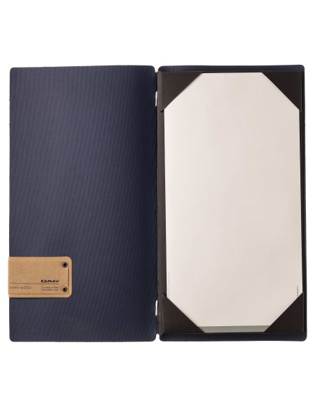Porta Menu A4 SLIM (17,4x31,8 cm) etichetta PATCH "menu" cornicetta (4 facciate) elastico rosso JUTA BLU