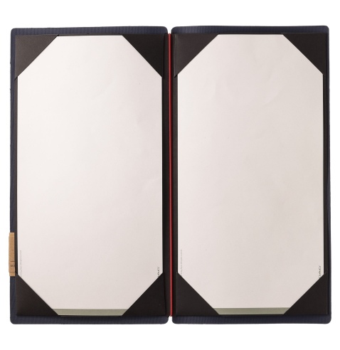 Porta Menu A4 SLIM (17,4x31,8 cm) etichetta PATCH "menu" cornicetta (4 facciate) elastico rosso JUTA BLU