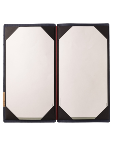 Porta Menu A4 SLIM (17,4x31,8 cm) etichetta PATCH "menu" cornicetta (4 facciate) elastico rosso JUTA BLU