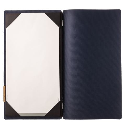 Porta Menu A4 SLIM (17,4x31,8 cm) etichetta PATCH "menu" cornicetta (4 facciate) elastico rosso JUTA BLU
