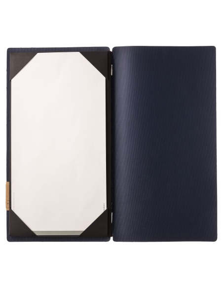Porta Menu A4 SLIM (17,4x31,8 cm) etichetta PATCH "menu" cornicetta (4 facciate) elastico rosso JUTA BLU