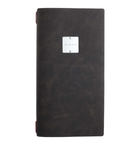 Porta Menu A4 SLIM (17,4x31,8 cm) etichetta METAL "personalizzata" (minimo 18 pezzi) cornicetta (4 facciate) elastico rosso JUTA