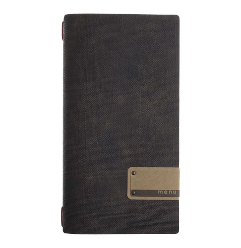 Porta Menu A4 SLIM (17,4x31,8 cm) etichetta PATCH "menu" cornicetta (4 facciate) elastico rosso JUTA MARRONE