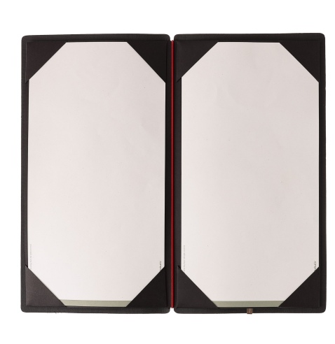 Porta Menu A4 SLIM (17,4x31,8 cm) etichetta METAL "menu" cornicetta (4 facciate) elastico rosso JUTA NERO