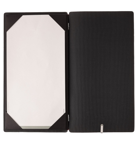 Porta Menu A4 SLIM (17,4x31,8 cm) etichetta METAL "menu" cornicetta (4 facciate) elastico rosso JUTA NERO