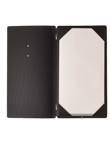Porta Menu A4 SLIM (17,4x31,8 cm) etichetta METAL "personalizzata" (minimo 18 pezzi) cornicetta (4 facciate) elastico rosso JUTA