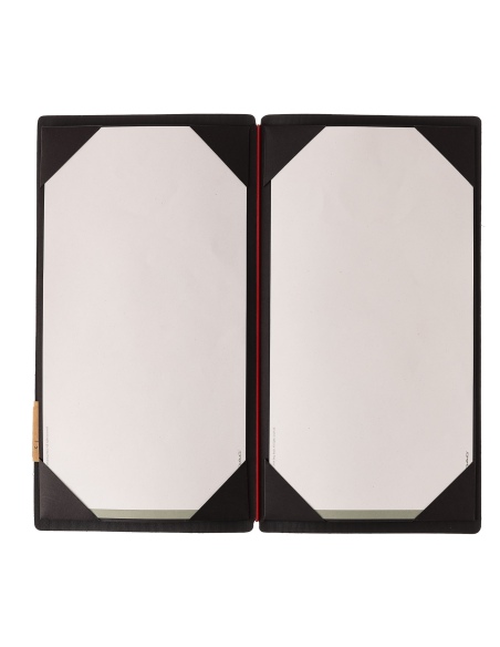 Porta Menu A4 SLIM (17,4x31,8 cm) etichetta PATCH "personalizzata" (minimo 18 pezzi) cornicetta (4 facciate) elastico rosso JUTA