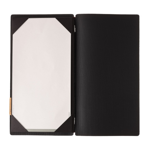 Porta Menu A4 SLIM (17,4x31,8 cm) etichetta PATCH "personalizzata" (minimo 18 pezzi) cornicetta (4 facciate) elastico rosso JUTA
