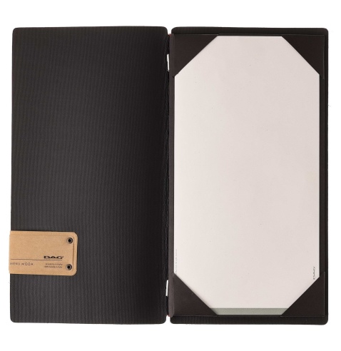 Porta Menu A4 SLIM (17,4x31,8 cm) etichetta PATCH "menu" cornicetta (4 facciate) elastico rosso JUTA NERO