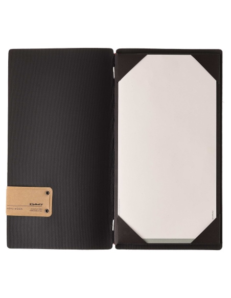 Porta Menu A4 SLIM (17,4x31,8 cm) etichetta PATCH "menu" cornicetta (4 facciate) elastico rosso JUTA NERO
