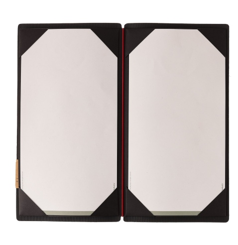Porta Menu A4 SLIM (17,4x31,8 cm) etichetta PATCH "menu" cornicetta (4 facciate) elastico rosso JUTA NERO