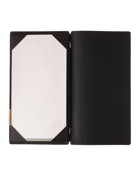 Porta Menu A4 SLIM (17,4x31,8 cm) etichetta PATCH "menu" cornicetta (4 facciate) elastico rosso JUTA NERO