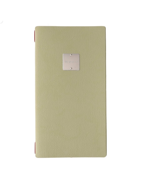 Porta Menu A4 SLIM (17,4x31,8 cm) etichetta METAL "personalizzata" (minimo 18 pezzi) cornicetta (4 facciate) elastico rosso JUTA