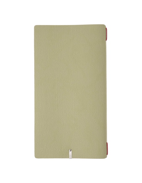 Porta Menu A4 SLIM (17,4x31,8 cm) etichetta METAL "personalizzata" (minimo 18 pezzi) cornicetta (4 facciate) elastico rosso JUTA