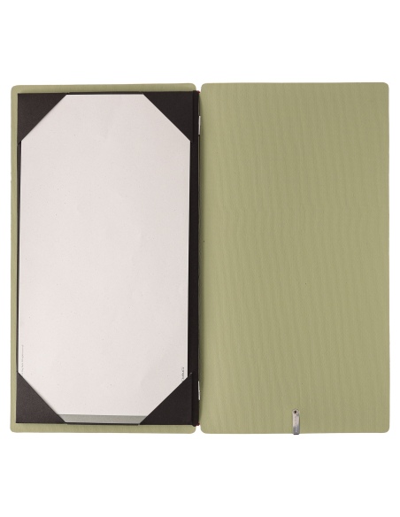 Porta Menu A4 SLIM (17,4x31,8 cm) etichetta METAL "personalizzata" (minimo 18 pezzi) cornicetta (4 facciate) elastico rosso JUTA