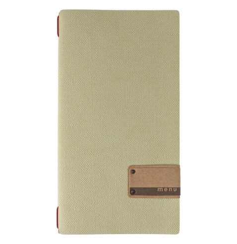 Porta Menu A4 SLIM (17,4x31,8 cm) etichetta PATCH "personalizzata" (minimo 18 pezzi) cornicetta (4 facciate) elastico rosso JUTA