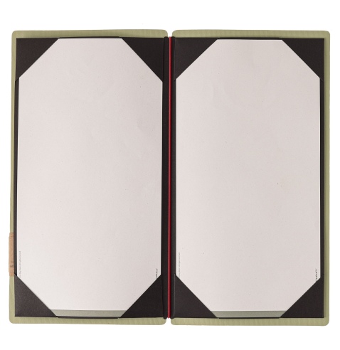 Porta Menu A4 SLIM (17,4x31,8 cm) etichetta PATCH "menu" cornicetta (4 facciate) elastico rosso JUTA SALVIA