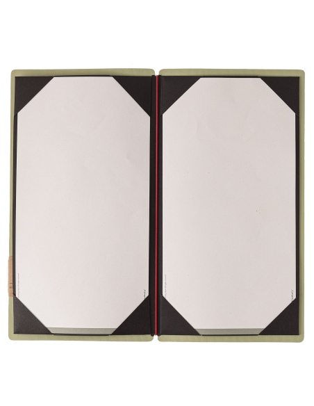 Porta Menu A4 SLIM (17,4x31,8 cm) etichetta PATCH "menu" cornicetta (4 facciate) elastico rosso JUTA SALVIA