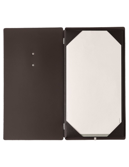 Porta Menu A4 SLIM (17,4x31,8 cm) etichetta METAL "personalizzata" (minimo 18 pezzi) cornicetta (4 facciate) elastico nero SUGHE