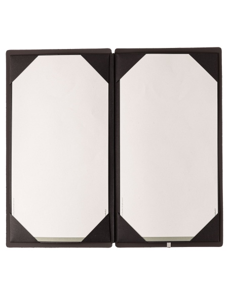 Porta Menu A4 SLIM (17,4x31,8 cm) etichetta METAL "personalizzata" (minimo 18 pezzi) cornicetta (4 facciate) elastico nero SUGHE