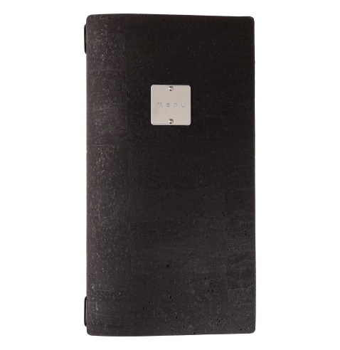 Porta Menu A4 SLIM (17,4x31,8 cm) etichetta METAL "menu" cornicetta (4 facciate) elastico nero SUGHERO NERO sp. 2.5