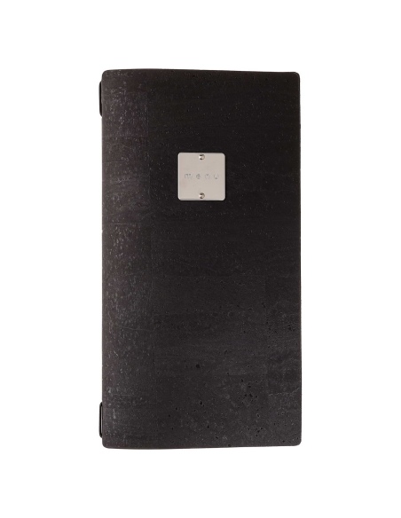 Porta Menu A4 SLIM (17,4x31,8 cm) etichetta METAL "menu" cornicetta (4 facciate) elastico nero SUGHERO NERO sp. 2.5