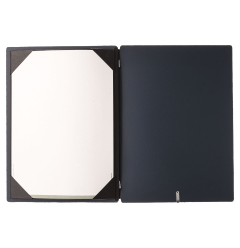 Porta Menu A4 (23,2x31,8 cm) etichetta METAL "personalizzata" (minimo 18 pezzi) cornicetta (4 facciate) elastico nero CHEF BLU