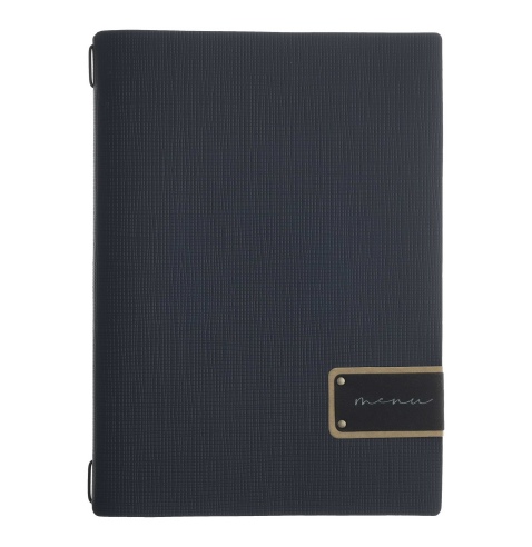Porta Menu A4 (23,2x31,8 cm) etichetta PATCH "personalizzata" (minimo 18 pezzi) cornicetta (4 facciate) elastico nero CHEF BLU