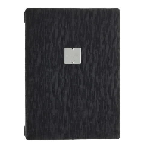 Porta Menu A4 (23,2x31,8 cm) etichetta METAL "personalizzata" (minimo 18 pezzi) cornicetta (4 facciate) elastico nero CHEF NERO