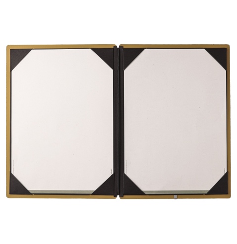Porta Menu A4 (23,2x31,8 cm) etichetta METAL "personalizzata" (minimo 18 pezzi) cornicetta (4 facciate) elastico nero CHEF OCRA