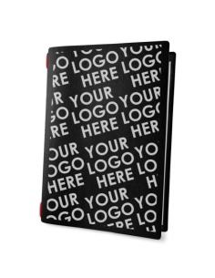Porta Menu CUSTOM A4 (23,2x31,8 cm) personalizzato stampa 2 facciate - cornicetta (4 facciate) elastico rosso - ECO NERO sp. 0.6