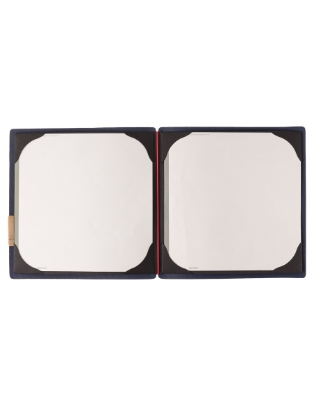 Porta Menu QUADRATO (23x23,1 cm) etichetta PATCH "menu" cornicetta (4 facciate) elastico rosso JUTA BLU