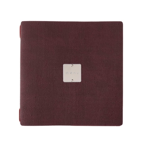 Porta Menu QUADRATO (23x23,1 cm) etichetta METAL "menu" cornicetta (4 facciate) elastico rosso JUTA BORDEAUX