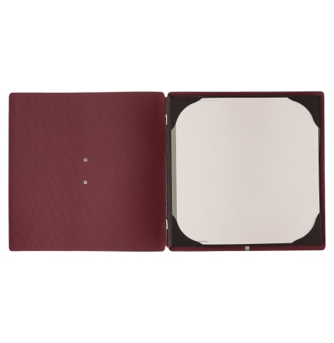 Porta Menu QUADRATO (23x23,1 cm) etichetta METAL "menu" cornicetta (4 facciate) elastico rosso JUTA BORDEAUX