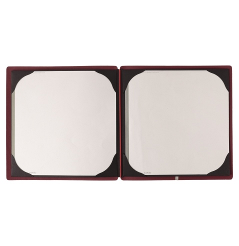 Porta Menu QUADRATO (23x23,1 cm) etichetta METAL "menu" cornicetta (4 facciate) elastico rosso JUTA BORDEAUX