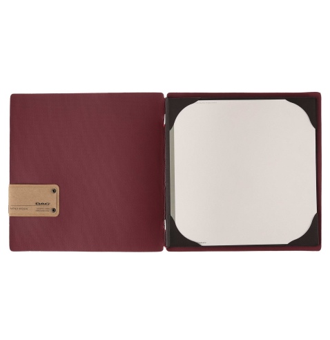 Porta Menu QUADRATO (23x23,1 cm) etichetta PATCH "personalizzata" (minimo 18 pezzi) cornicetta (4 facciate) elastico rosso JUTA 