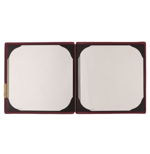 Porta Menu QUADRATO (23x23,1 cm) etichetta PATCH "personalizzata" (minimo 18 pezzi) cornicetta (4 facciate) elastico rosso JUTA 