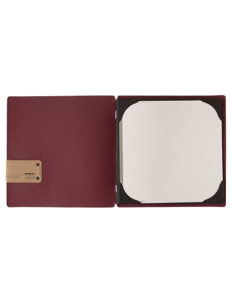 Porta Menu QUADRATO (23x23,1 cm) etichetta PATCH "menu" cornicetta (4 facciate) elastico rosso JUTA BORDEAUX