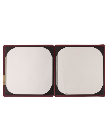 Porta Menu QUADRATO (23x23,1 cm) etichetta PATCH "menu" cornicetta (4 facciate) elastico rosso JUTA BORDEAUX