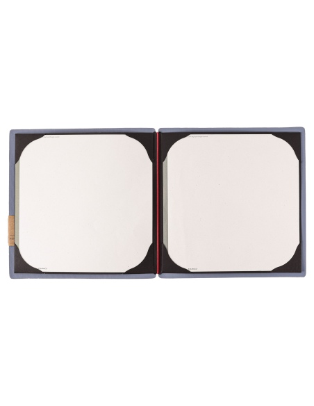 Porta Menu QUADRATO (23x23,1 cm) etichetta PATCH "menu" cornicetta (4 facciate) elastico rosso JUTA AVIO