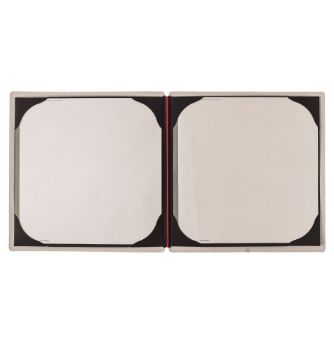 Porta Menu QUADRATO (23x23,1 cm) etichetta METAL "menu" cornicetta (4 facciate) elastico rosso JUTA AVORIO