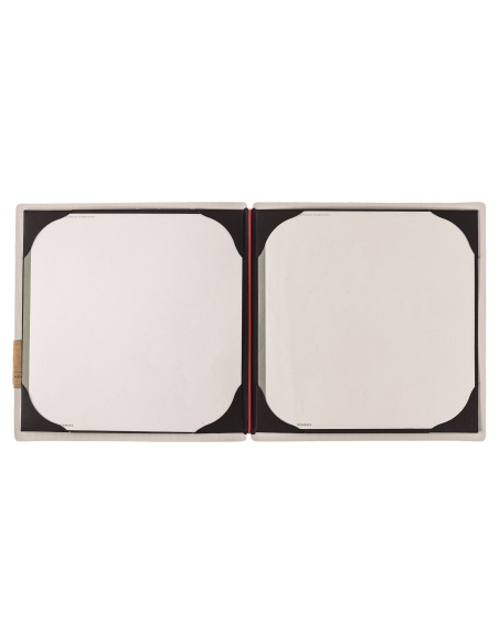 Porta Menu QUADRATO (23x23,1 cm) etichetta PATCH "personalizzata" (minimo 18 pezzi) cornicetta (4 facciate) elastico rosso JUTA 