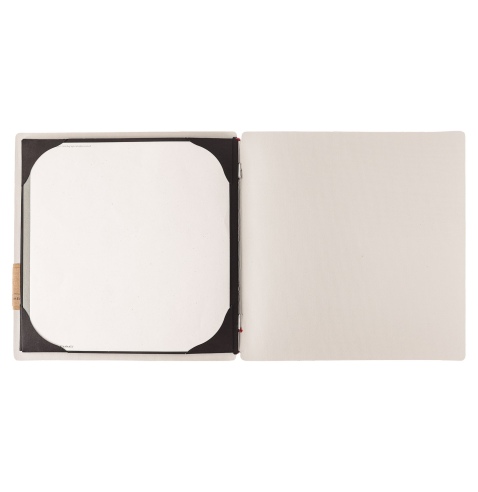 Porta Menu QUADRATO (23x23,1 cm) etichetta PATCH "menu" cornicetta (4 facciate) elastico rosso JUTA AVORIO