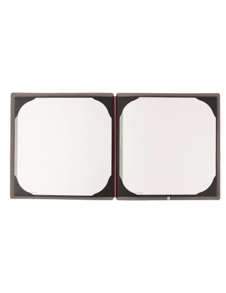 Porta Menu QUADRATO (23x23,1 cm) etichetta METAL "menu" cornicetta (4 facciate) elastico rosso JUTA GRIGIO